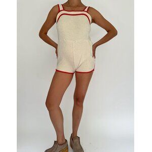 60s 70s vintage red cream ringer terry cloth mini romper shorts playsuit small